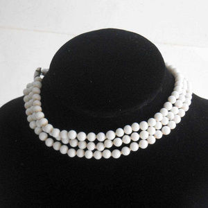 Milk Glass Beaded 3 strand choker necklace jewelry